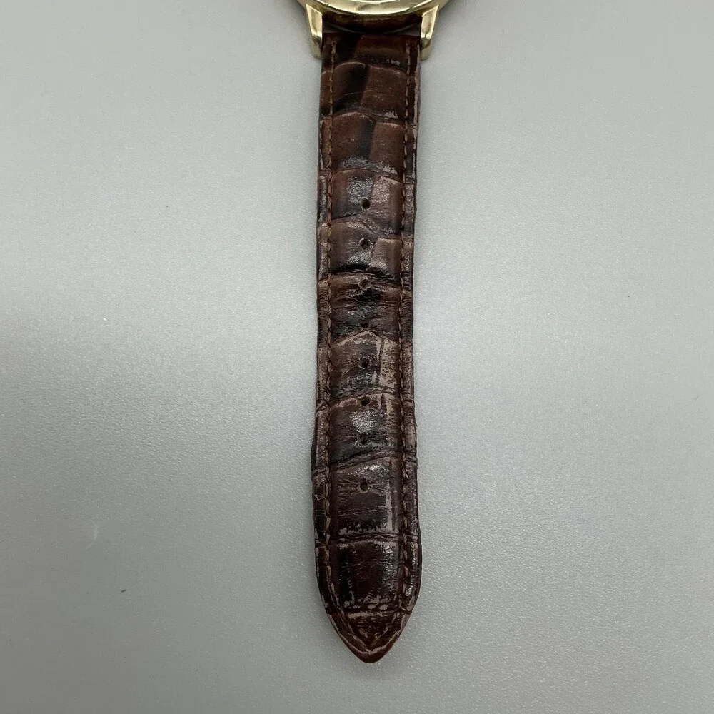 Vintage Timex Indiglo Mens Watch 37mm White Dial Brown Leather Quartz Day Date
